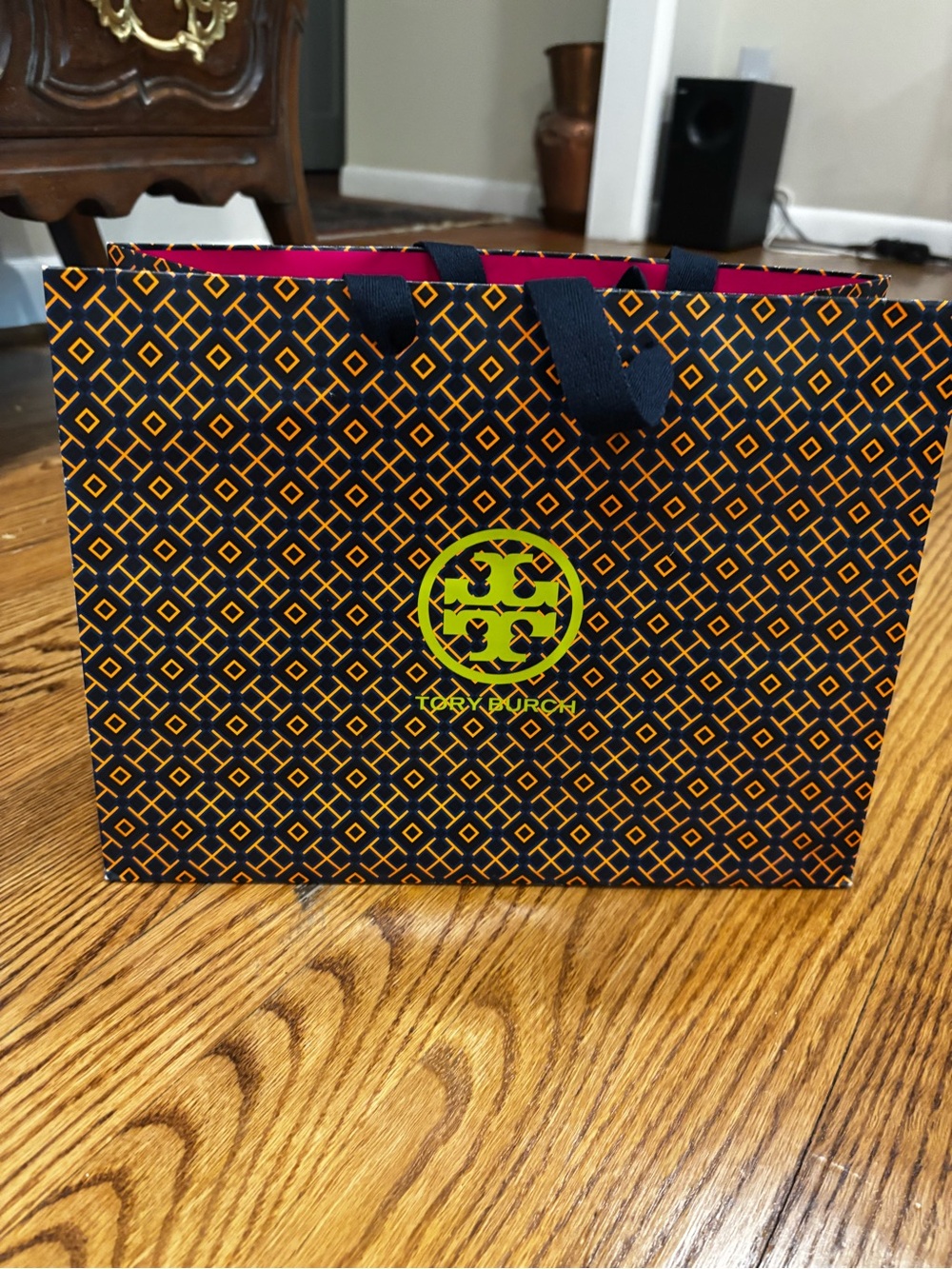 Tory Burch Navy and Orange Geometric Gift Bag with Lime Logo